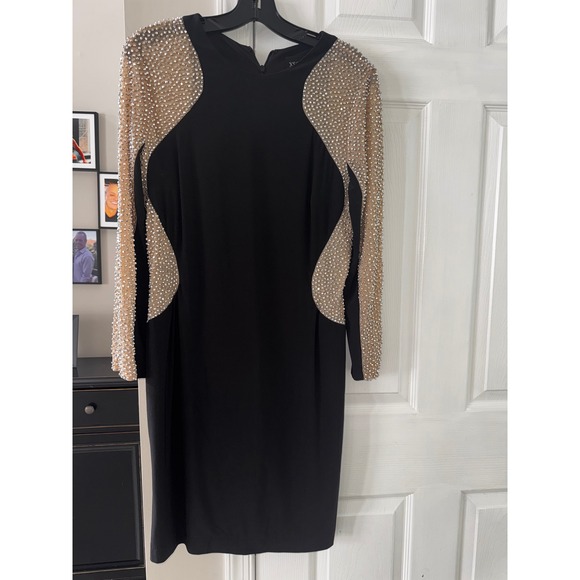 Xscape Black Beaded Illusion Long Sleeve Sheath Dress Size 14 Cocktail Party - Picture 3 of 10